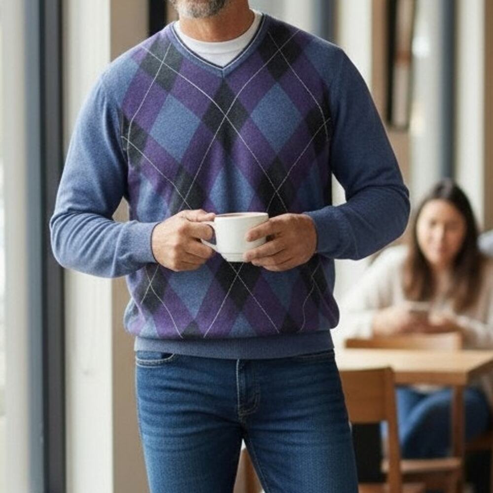 Black Brown 1826 Made in Italy 100% Merino Wool Argyle V-Neck Sweater Men XL - Picture 2 of 12